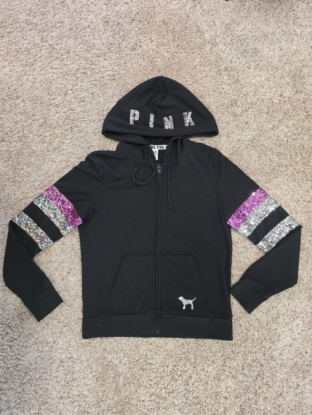 HTF Victoria's Secret VS PINK Vintage Bling Campus Full-Zip Hoodie Sequin Sleeve